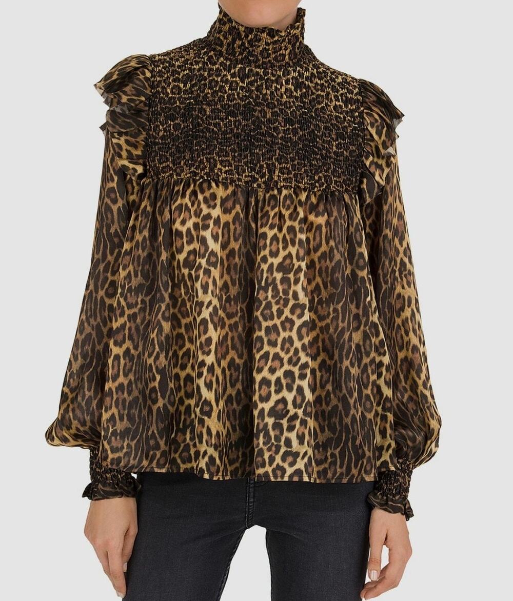 The Kooples Black Tan Leopard Print Silk Long Sleeve Ruffle Mock Neck Blouse M